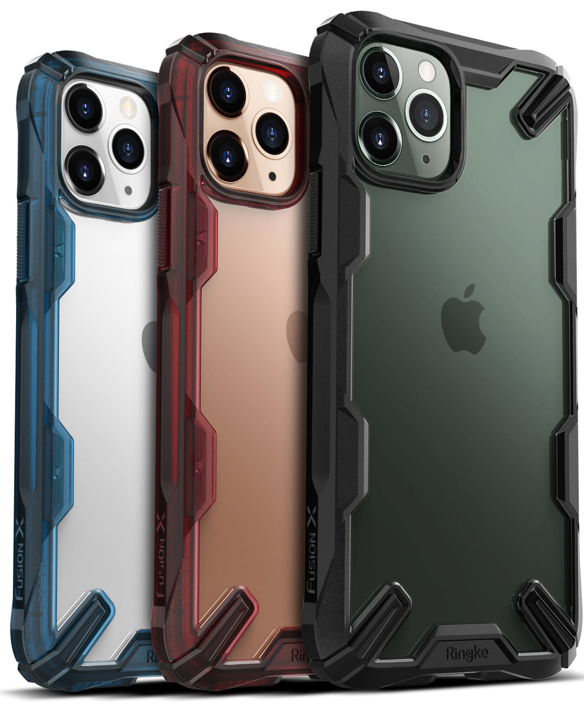 iPhone 11 Pro Case | Fusion-X - Three rugged Fusion-X cases in blue, red, and black, showcasing transparent backs and camera cutouts.