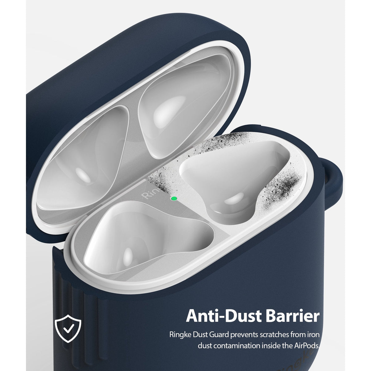 Ringke Airpods 2 / 1 Dust Guard Sticker - Open navy AirPods case with a metallic dust guard sticker applied to the top.