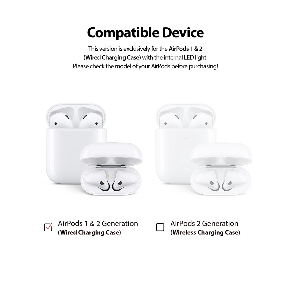 Ringke Airpods 2 / 1 Dust Guard Sticker - Compatibility chart showing AirPods 1 and 2 wired charging cases with internal LEDs.
