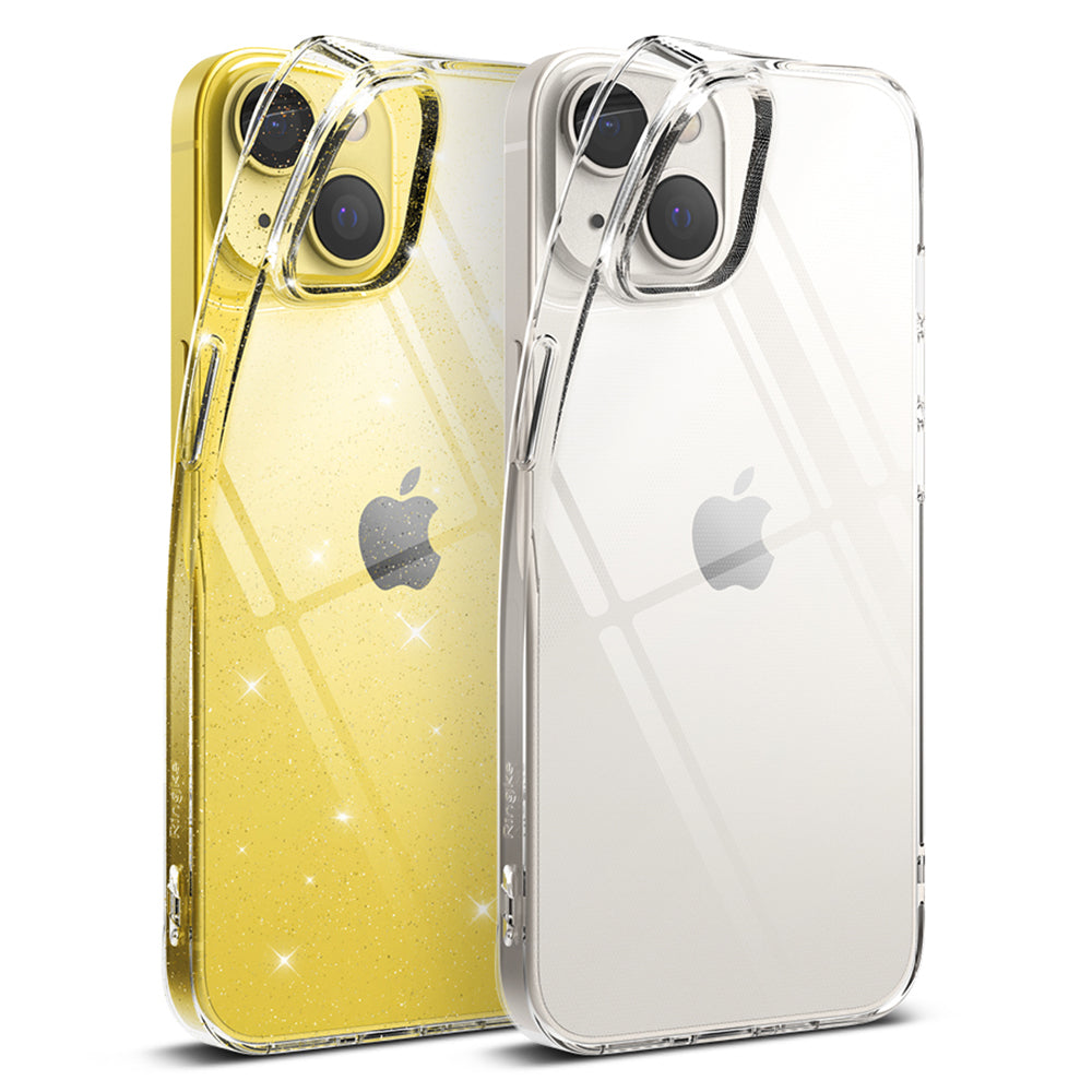 iPhone 14 Plus Case | Air - Two clear iPhone 14 Plus cases, one with a glitter finish and one transparent, shown side-by-side.