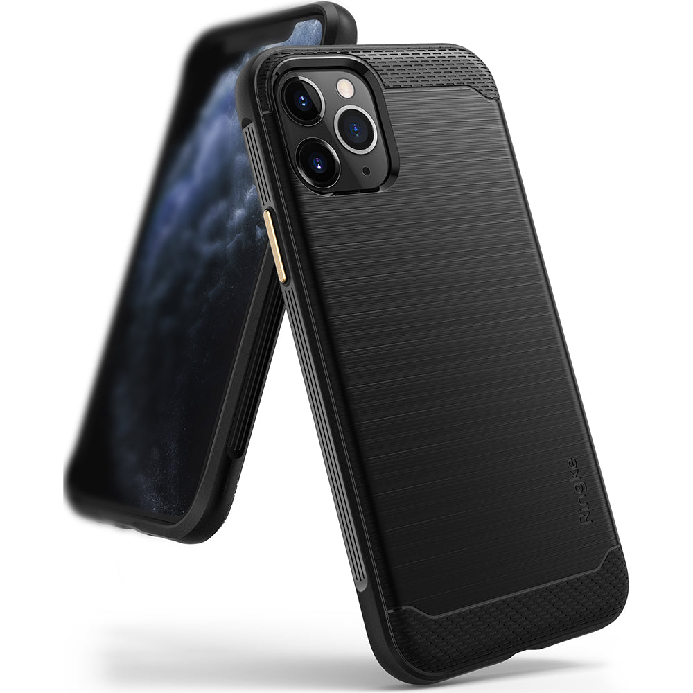 iPhone 11 Pro Case | Onyx - Black - Brushed metal texture black phone case with textured top and bottom panels.