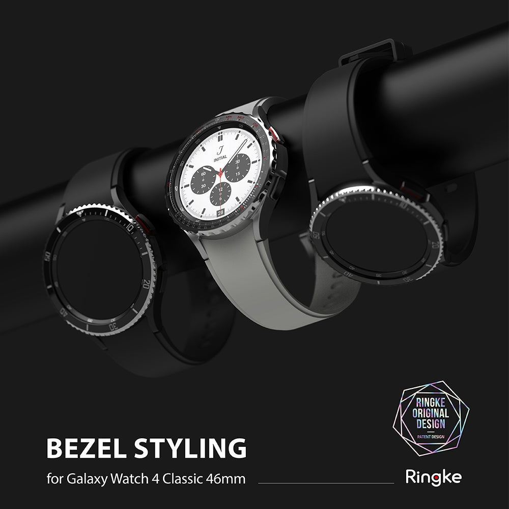 Galaxy Watch 4 Classic 46mm | Bezel Styling - Three Galaxy Watch 4 Classic smartwatches with custom bezels on a black bar.