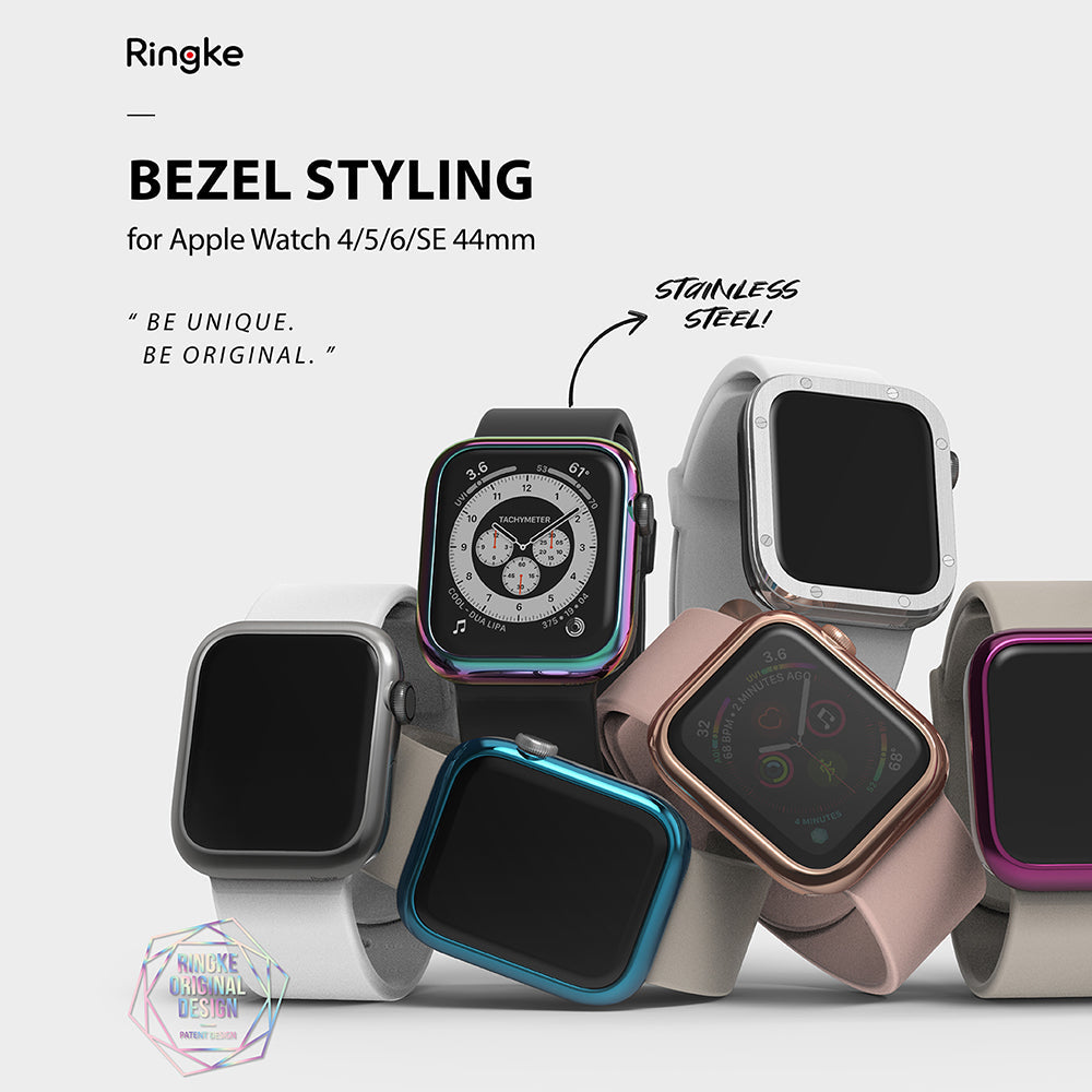 Apple Watch Series 6 / 5 / 4 / SE (44mm) | Bezel Styling - Five Apple Watches with various colorful metal bezel covers.