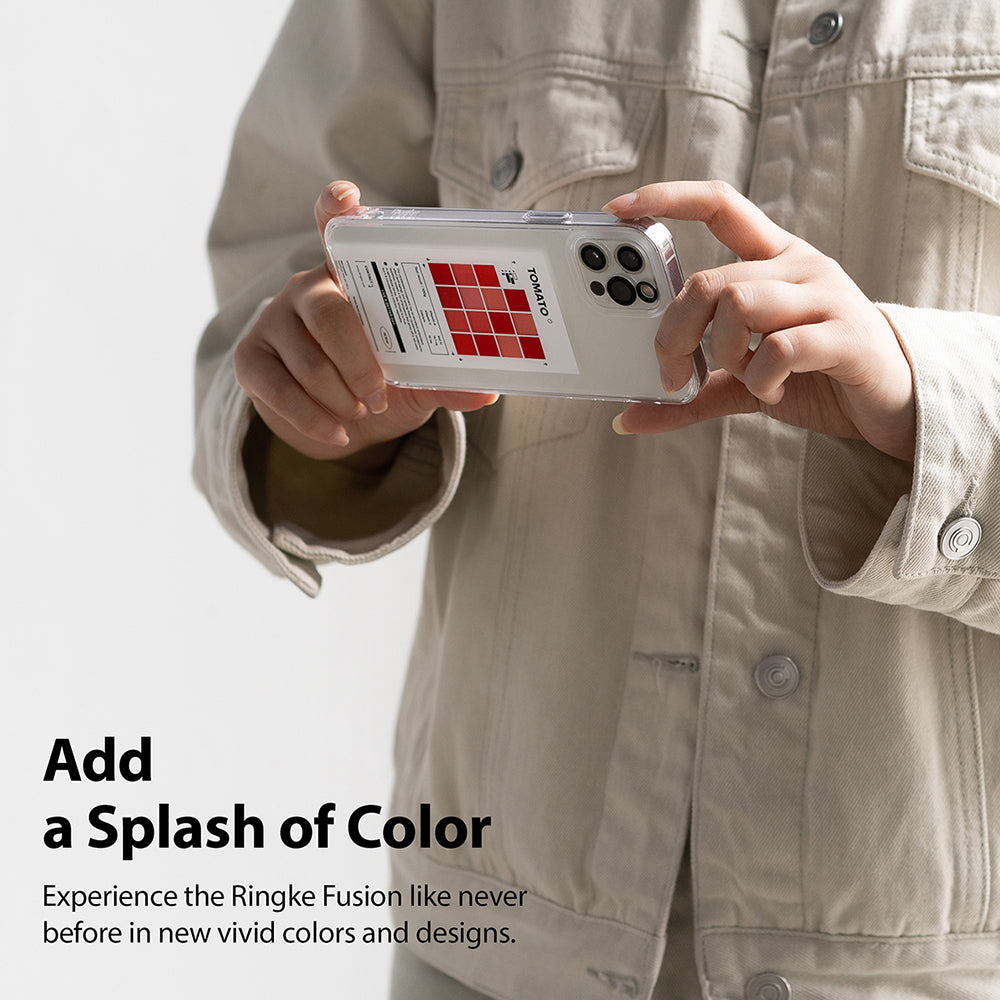 iPhone 12 / 12 Pro Case | Fusion Design Palette - Hands holding a clear phone case with a red grid design insert.