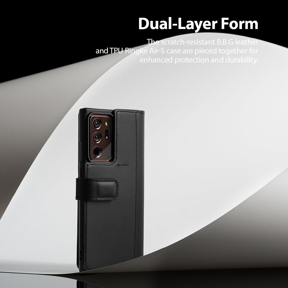 Galaxy Note 20 Ultra Case | Folio Signature+ - Black leather folio case on a Galaxy Note 20 Ultra against a white background.