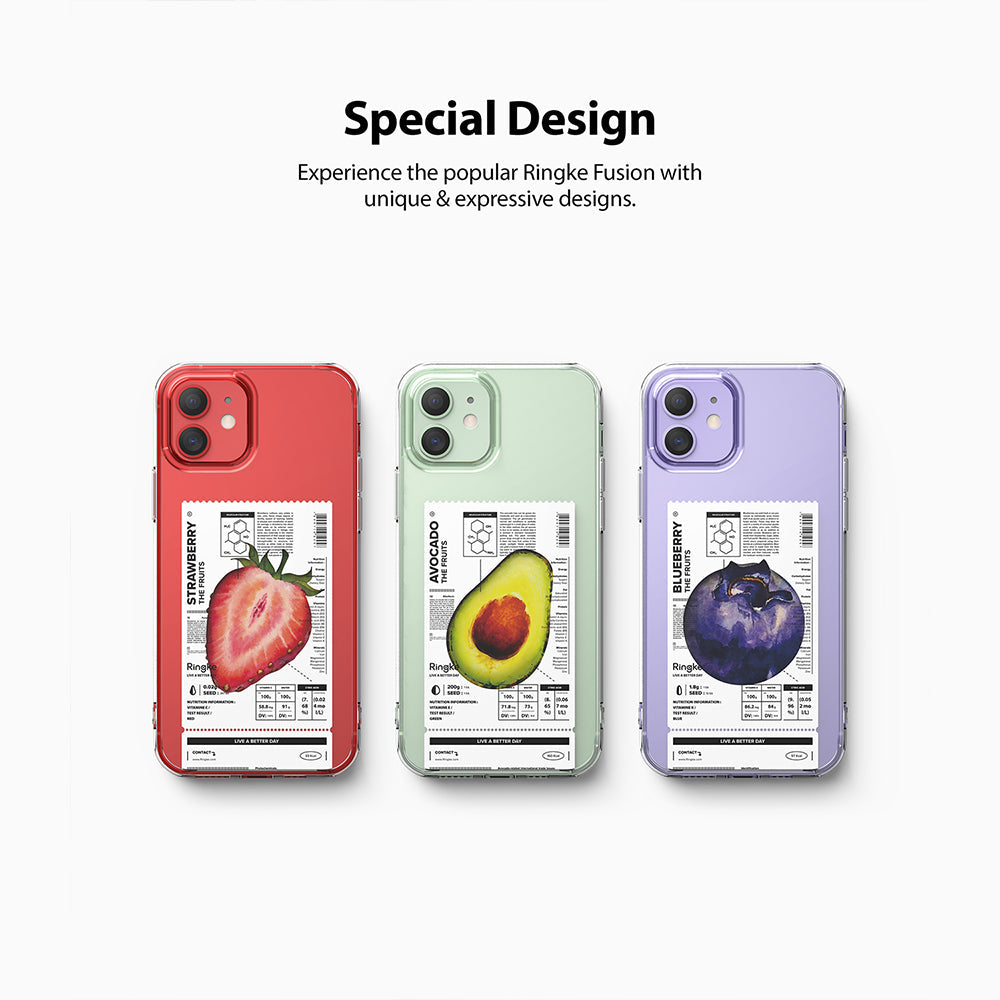 iPhone 12 / 12 Pro Case | Fusion Design Fruit - Three phone cases featuring strawberry, avocado, and blueberry labels.