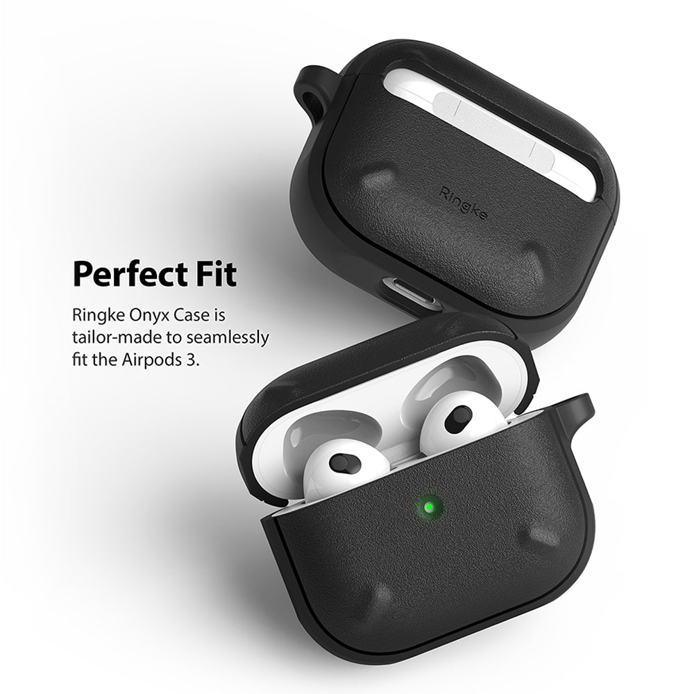 AirPods 3 Case | Onyx - Black textured Ringke protective case shown closed and open with white AirPods 3 inside.