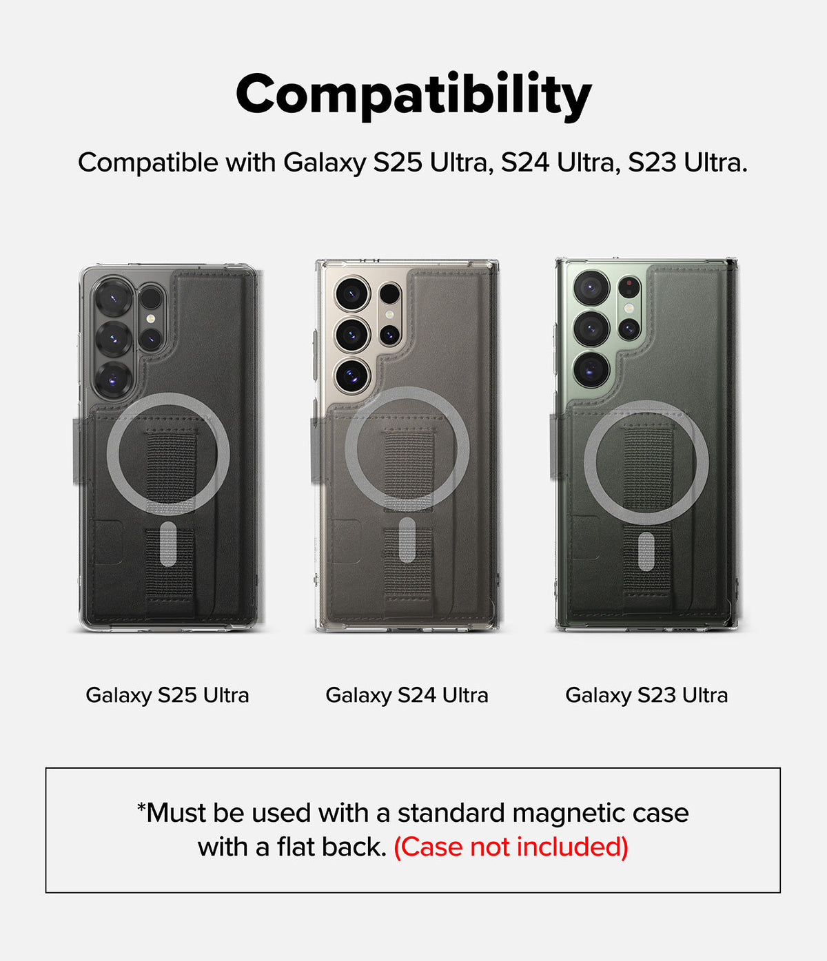 Galaxy S25 Ultra Cover | Folio Grip Wallet Magnetic - Galaxy S25 Ultra Cover - Three magnetic folio grips shown on S25, S24, and S23 Ultra phones with compatibility text.