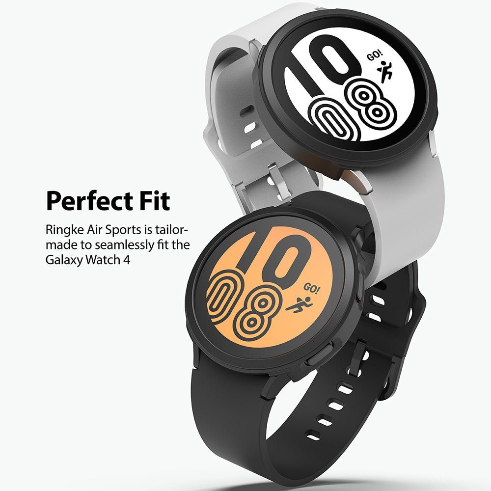 Galaxy Watch 4 (44mm) Case | Air Sports - Two Galaxy Watch 4 units with black protective cases, one with a white band and one with a black band.