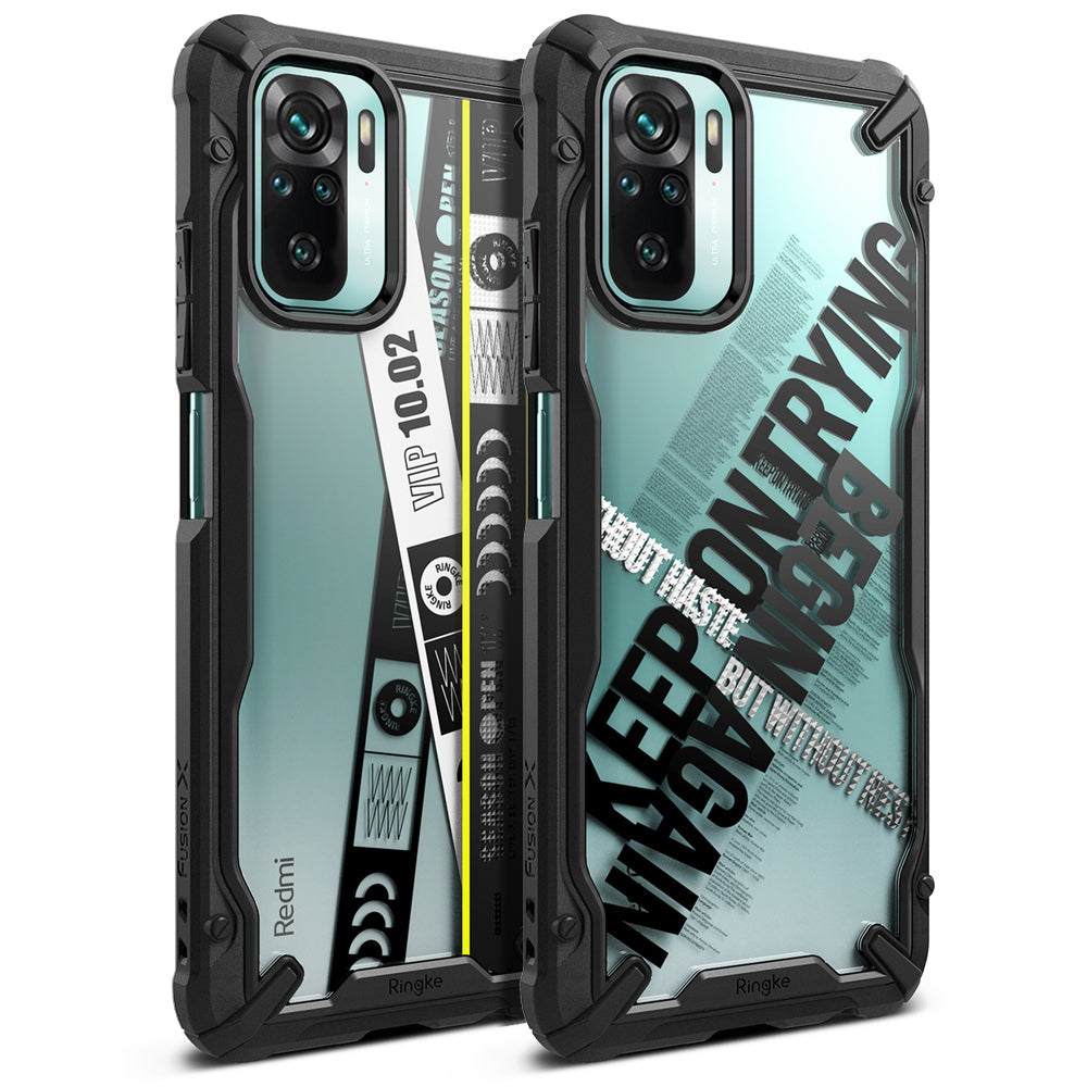 Redmi Note 10 / 10s Case | Fusion-X Design - Two rugged black phone cases with clear backs featuring graphic text.