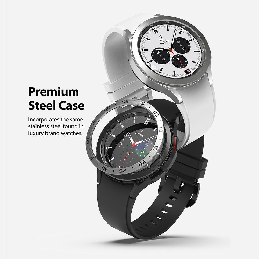 Galaxy Watch 4 Classic 42mm | Bezel Styling - Two smartwatches with stainless steel bezels in silver and black.