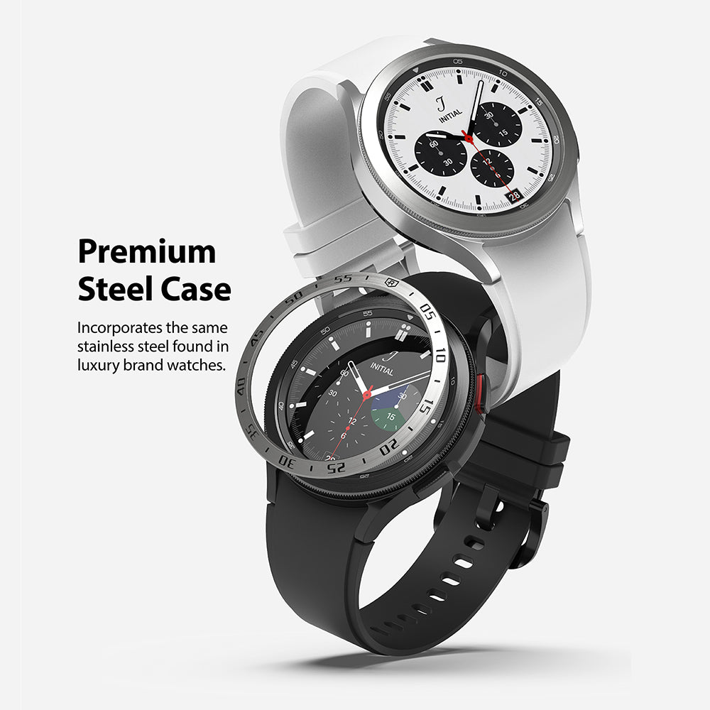 Galaxy Watch 4 Classic 46mm | Bezel Styling - Two Galaxy Watch 4 Classic smartwatches in silver and black with steel bezels.