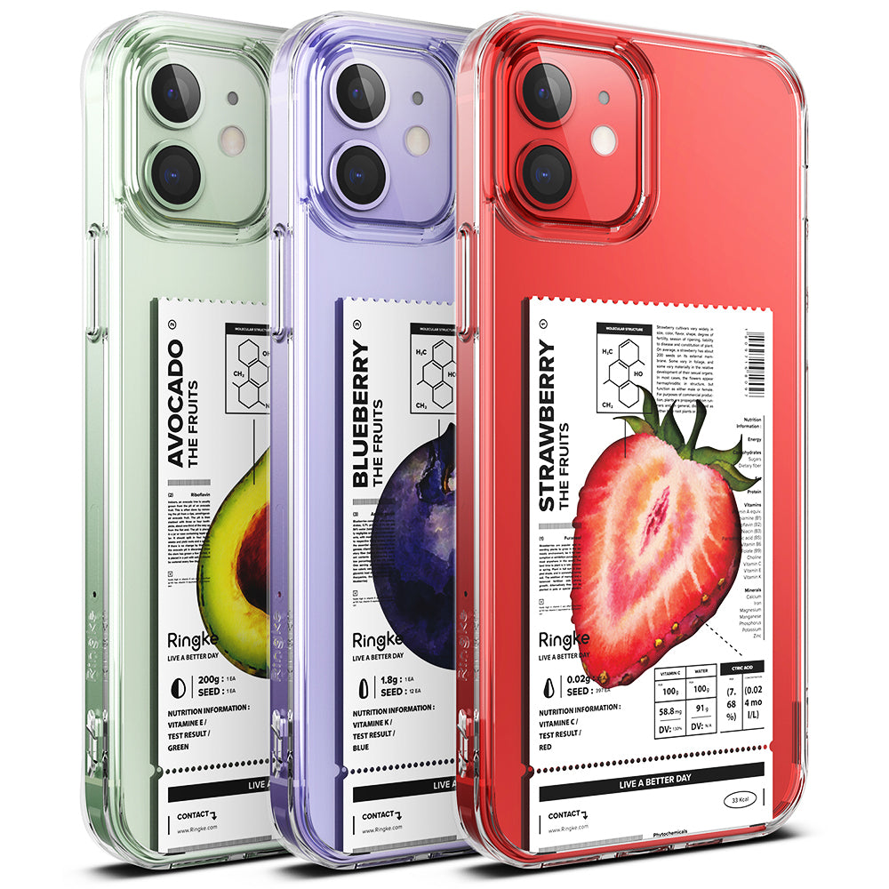 iPhone 12 / 12 Pro Case | Fusion Design Fruit - Three clear phone cases featuring avocado, blueberry, and strawberry.