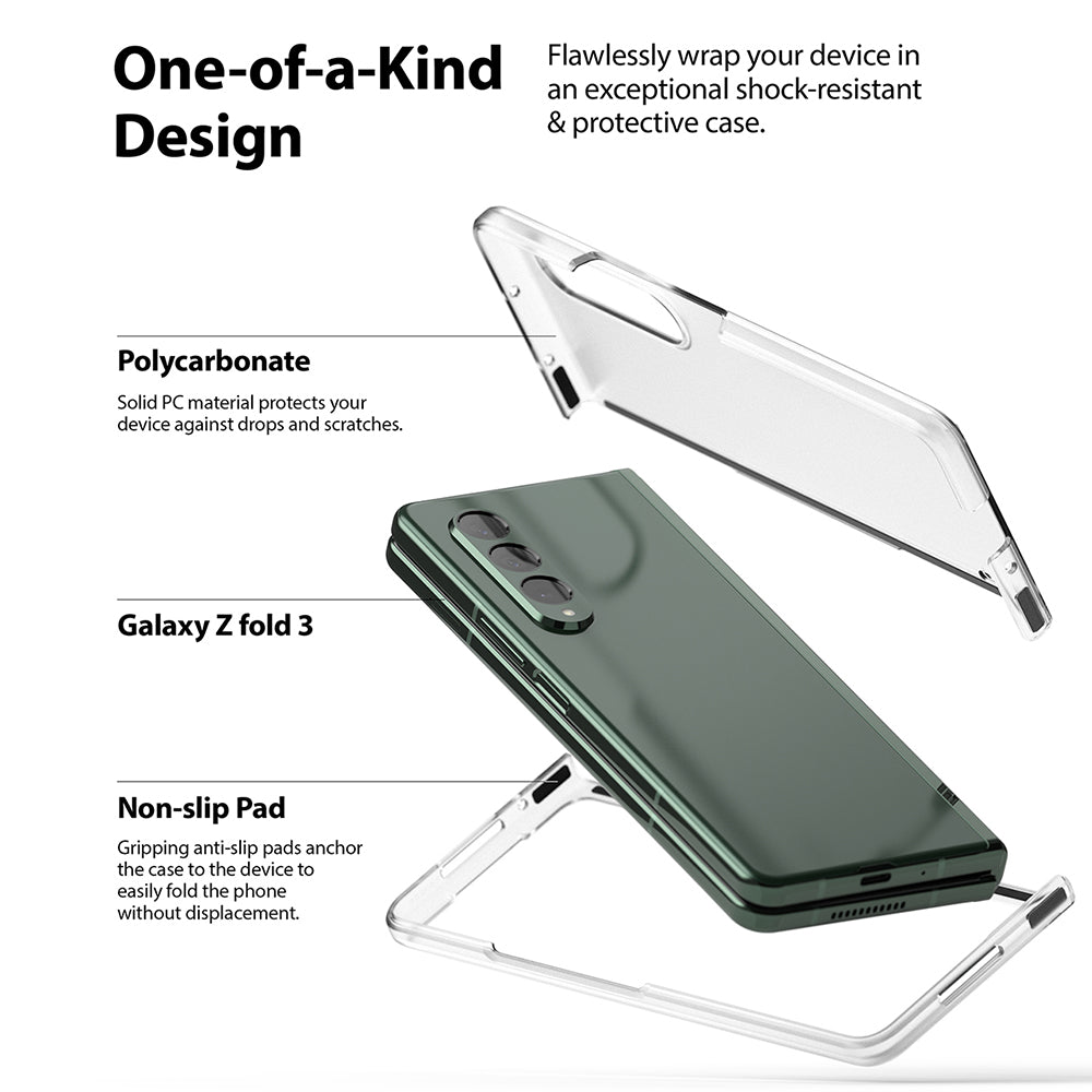 Galaxy Z Fold 3 Case | Slim - Exploded view of a green Galaxy Z Fold 3 phone with a clear, two-piece protective case.
