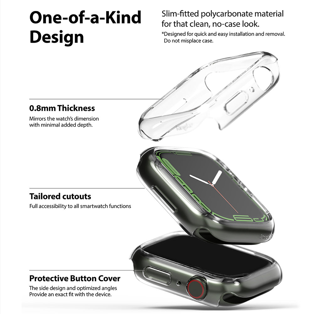 Apple Watch 9 / 8 / 7 (45mm) Case | Slim - Exploded view of a clear, slim polycarbonate protective watch case.