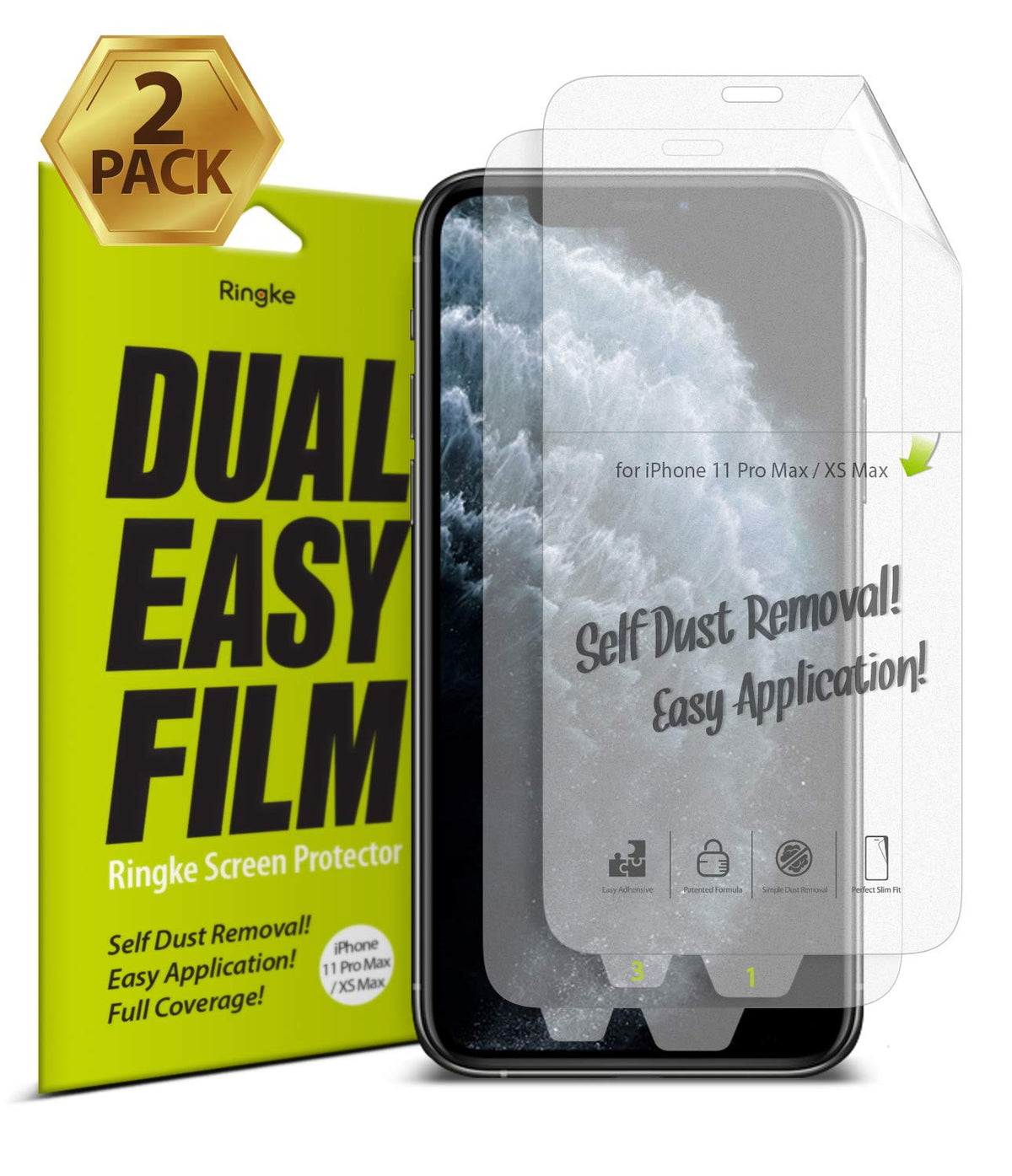 iPhone 11 Pro Max Screen Protector | Dual Easy Film - Two clear screen protectors next to their lime green retail box.