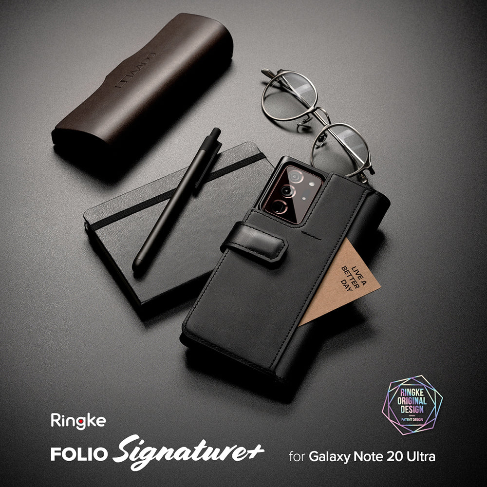 Galaxy Note 20 Ultra Case | Folio Signature+ - Black leather folio phone case with card, notebook, pen, and glasses.