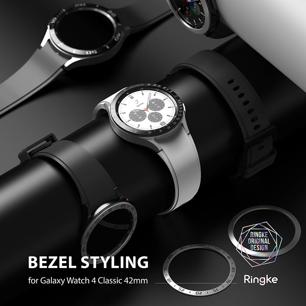 Galaxy Watch 4 Classic 42mm | Bezel Styling - Multiple Galaxy Watch 4 Classic units with various metallic bezel covers.