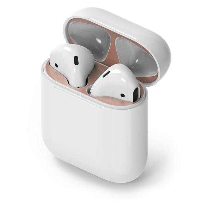 Ringke Airpods 2 / 1 Dust Guard Sticker - Open white charging case with rose gold metallic dust guard stickers applied.