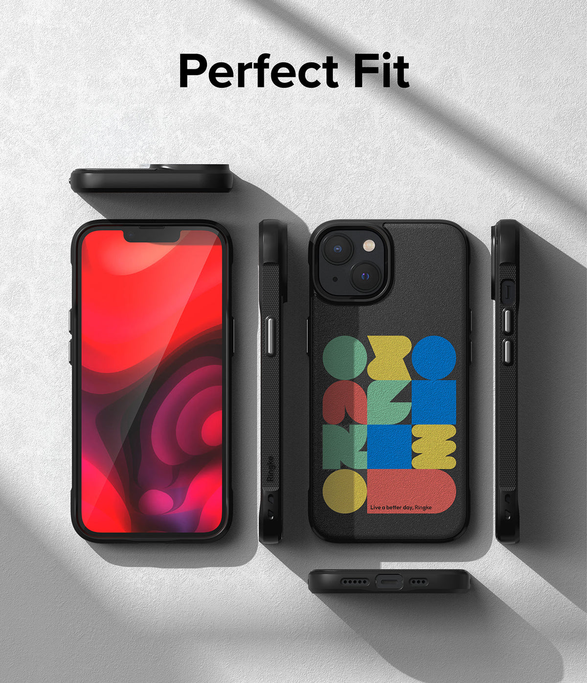 iPhone 14 Plus Case | Onyx Design - Black phone case with colorful geometric shapes, shown from front, back, and sides.