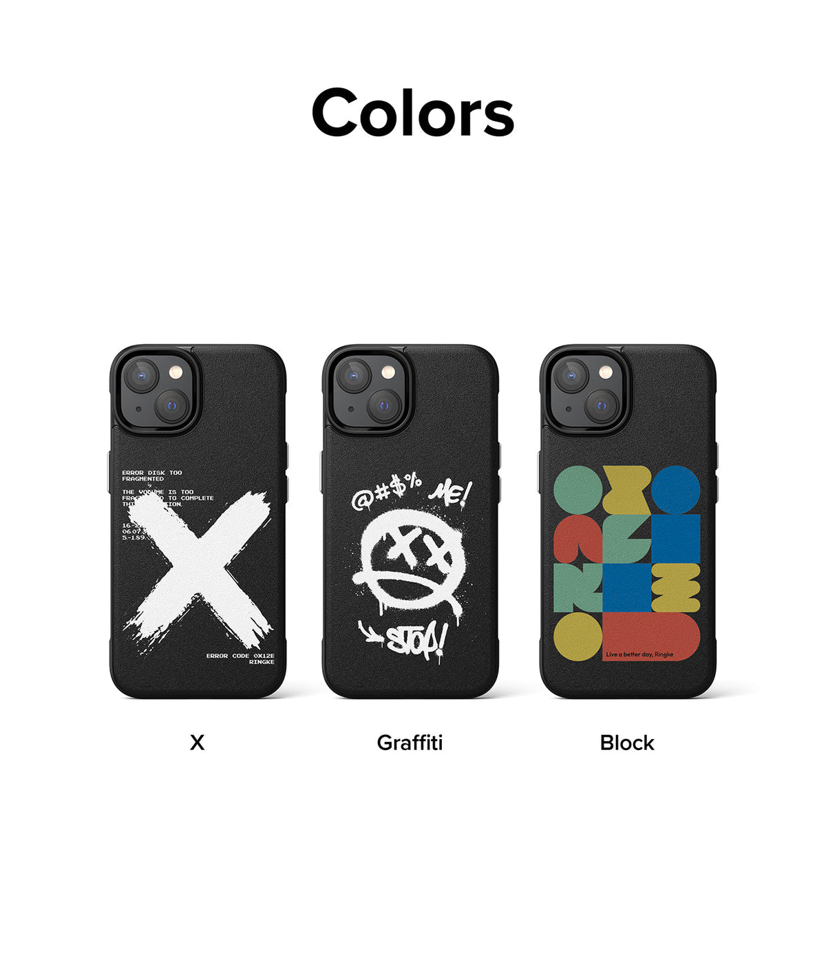 iPhone 14 Plus Case | Onyx Design - Three black phone cases with X, Graffiti, and Block graphic designs labeled below.