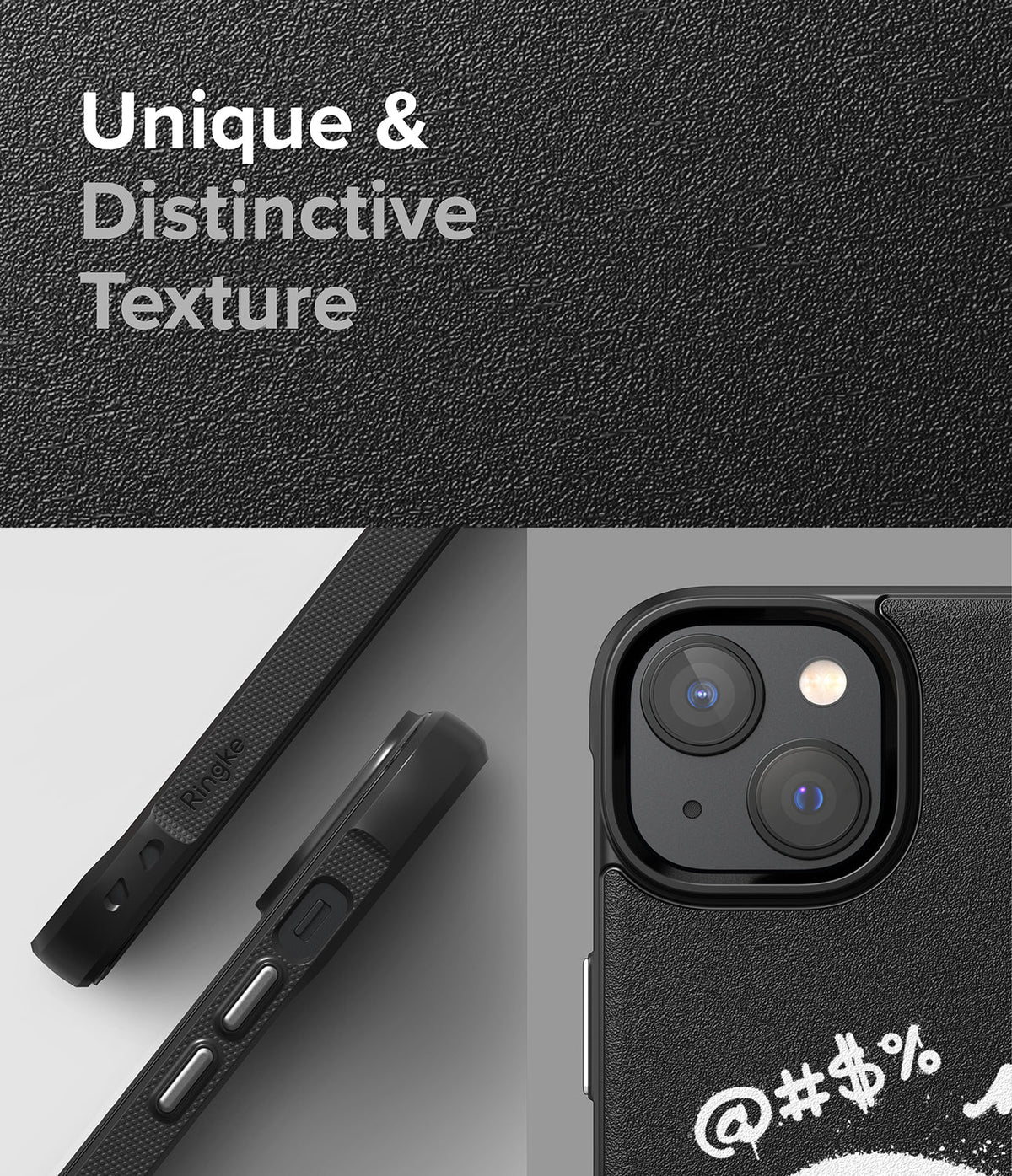 iPhone 14 Plus Case | Onyx Design - Black phone case with textured surface, side buttons, and camera cutout detail.