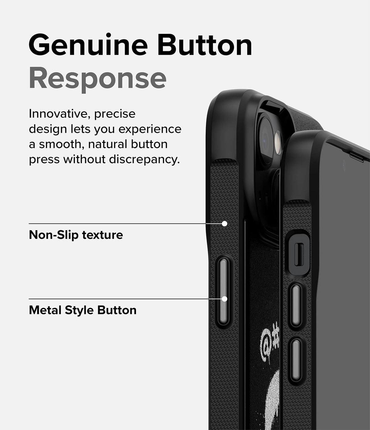 iPhone 14 Plus Case | Onyx Design - Close-up of phone case buttons with callouts for non-slip texture and metal-style buttons.