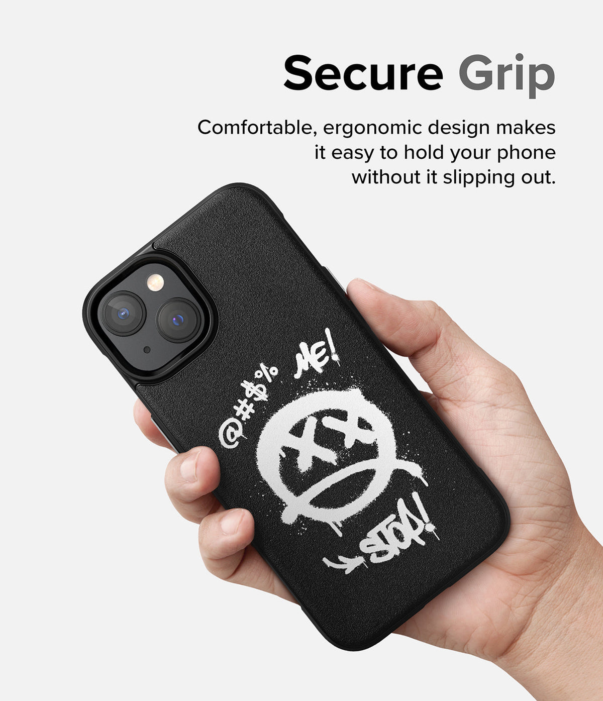 iPhone 14 Plus Case | Onyx Design - Hand holding a black phone case with white graffiti-style text and a skull icon.