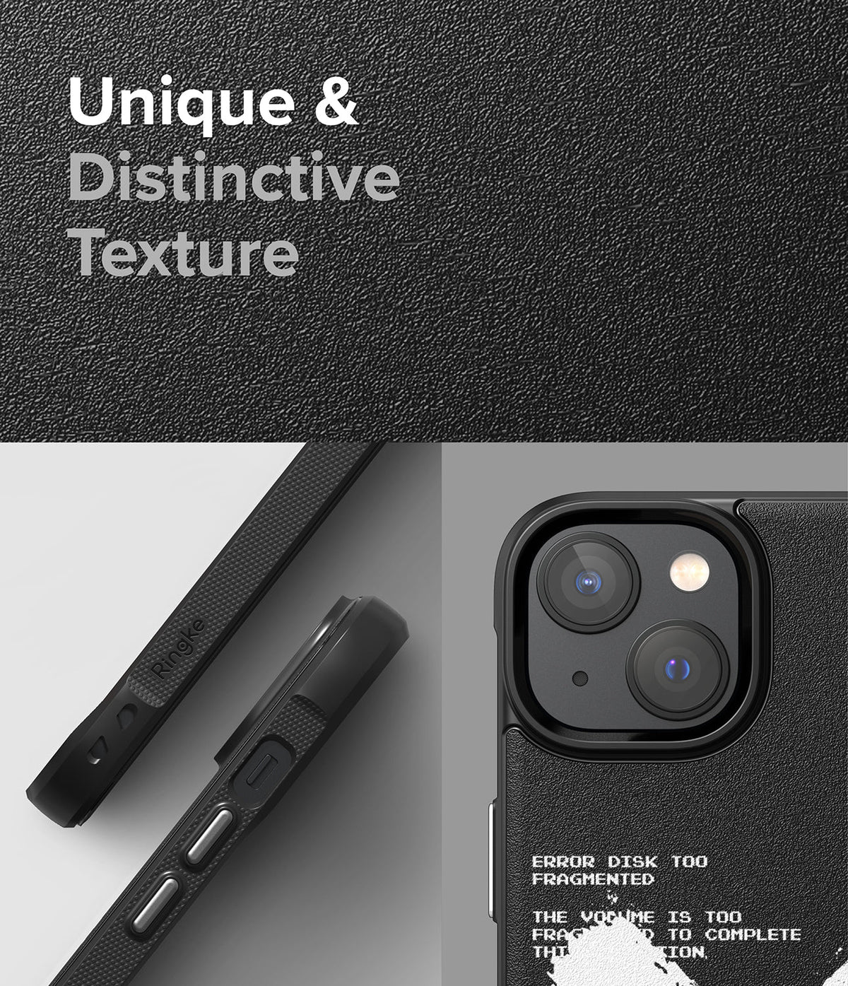 iPhone 14 Plus Case | Onyx Design - Black phone case with textured back, side buttons, and glitch-style text detail.