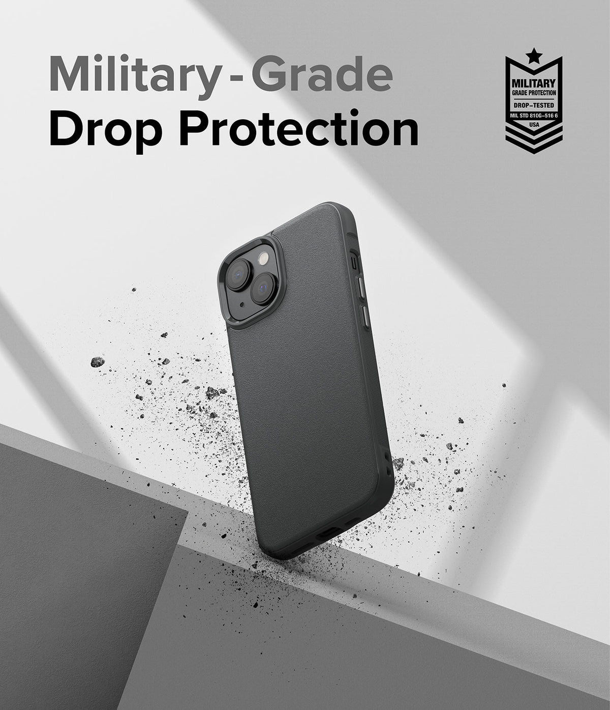 iPhone 14 Plus Case | Onyx - Black phone case floating above grey geometric blocks with debris and military-grade protection text.