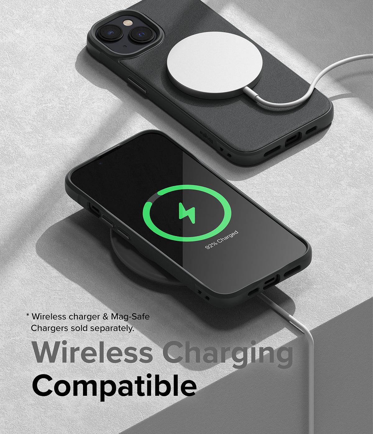 iPhone 14 Plus Case | Onyx - Black phone case with a white MagSafe charger attached and a phone charging wirelessly.