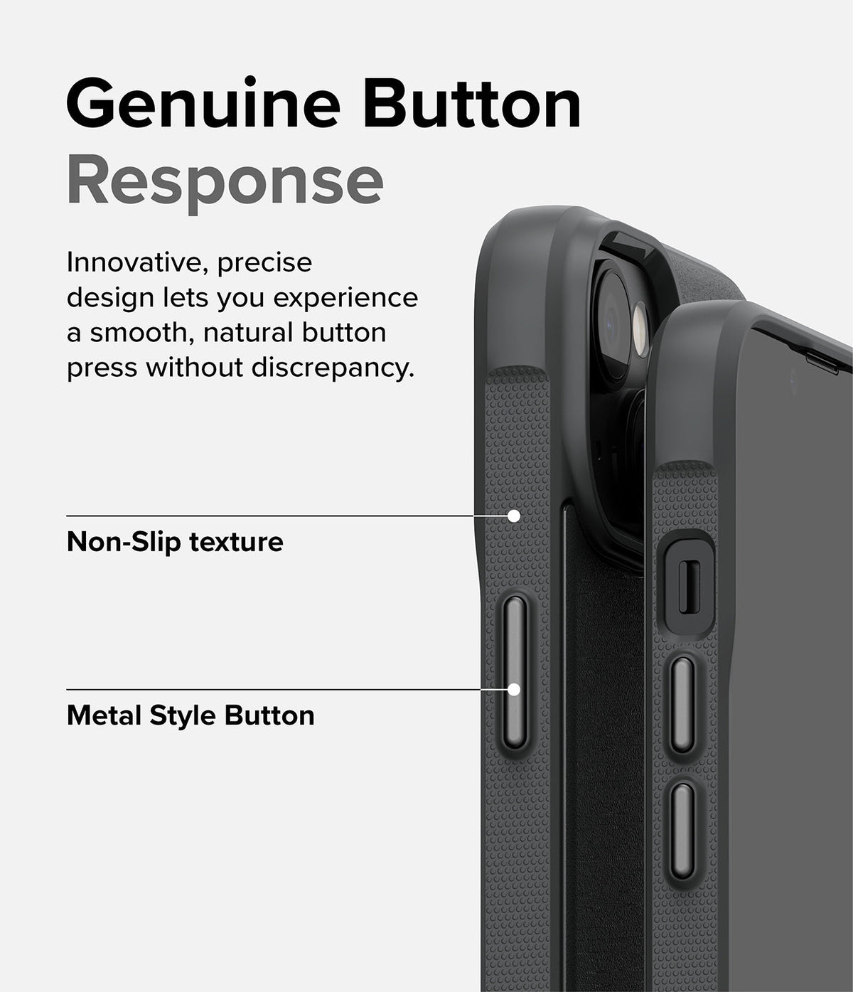 iPhone 14 Plus Case | Onyx - Close-up of a black phone case highlighting metal buttons and a textured, non-slip grip surface.