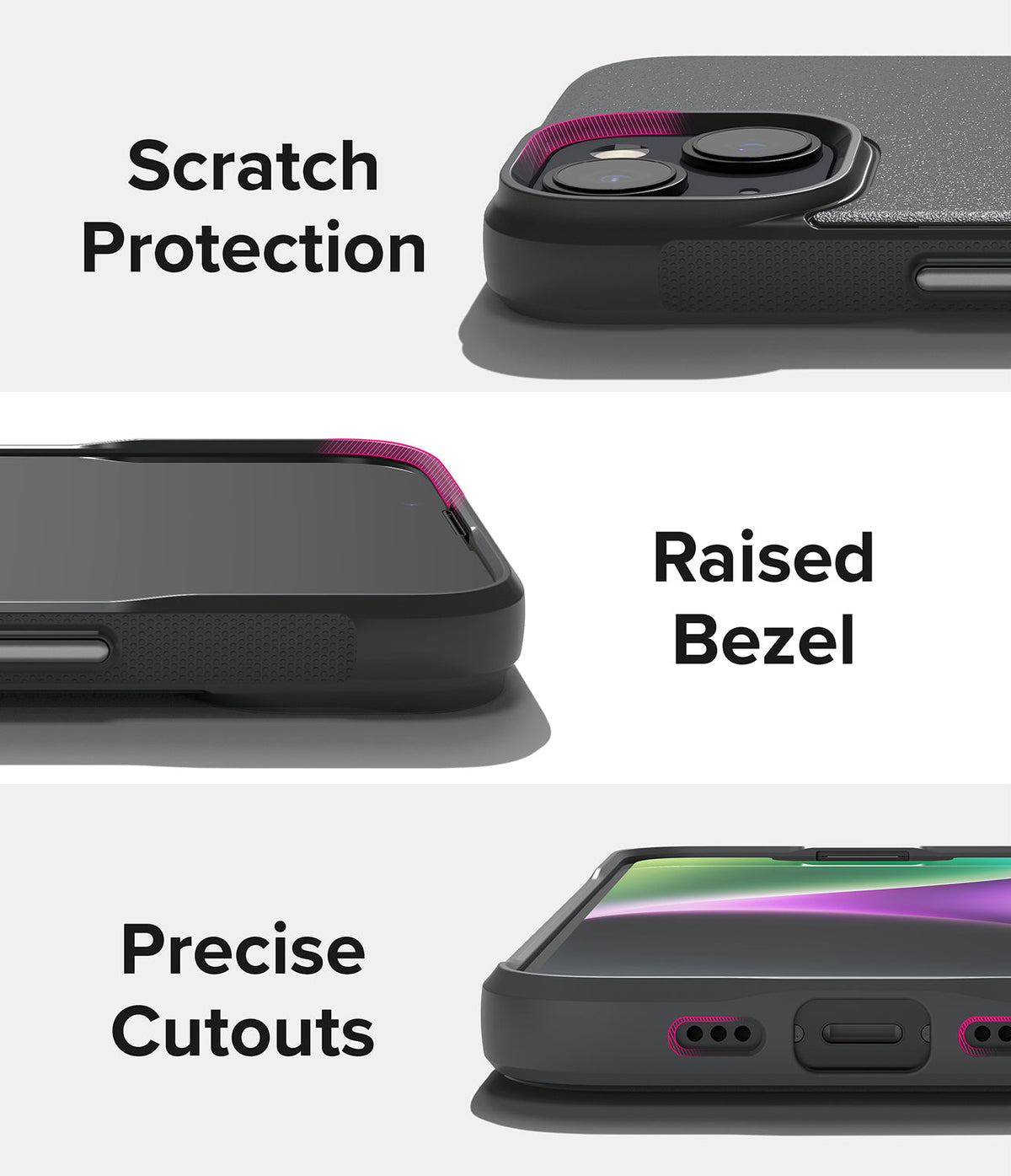 iPhone 14 Plus Case | Onyx - Close-ups of phone case features highlighting scratch protection, raised bezels, and precise cutouts.