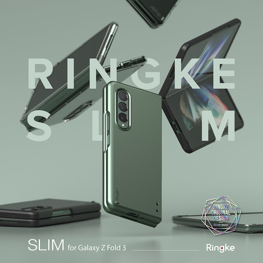 Galaxy Z Fold 3 Case | Slim - Floating green Galaxy Z Fold 3 phones in slim cases against a soft green background.