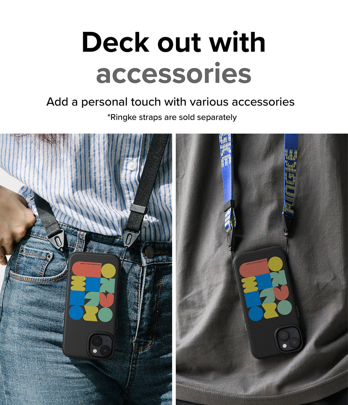 iPhone 14 Case | Onyx Design - Two people wearing black iPhone cases with colorful geometric designs attached to neck straps.
