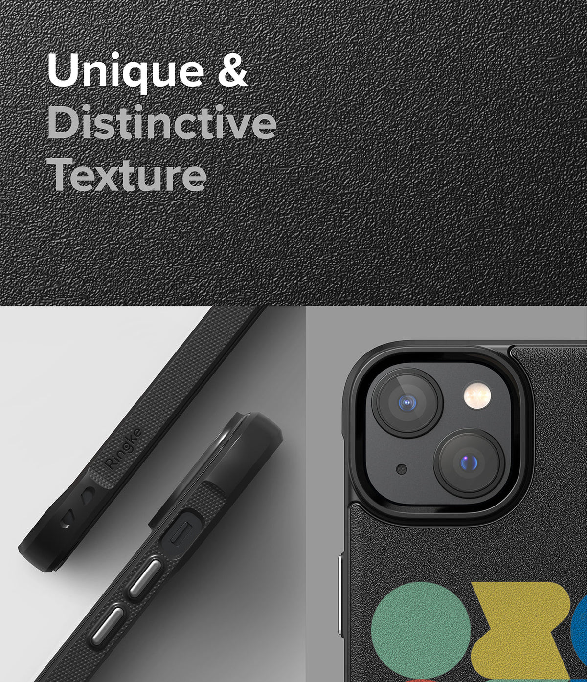 iPhone 14 Case | Onyx Design - Close-up of a black textured phone case with geometric accents and side button details.