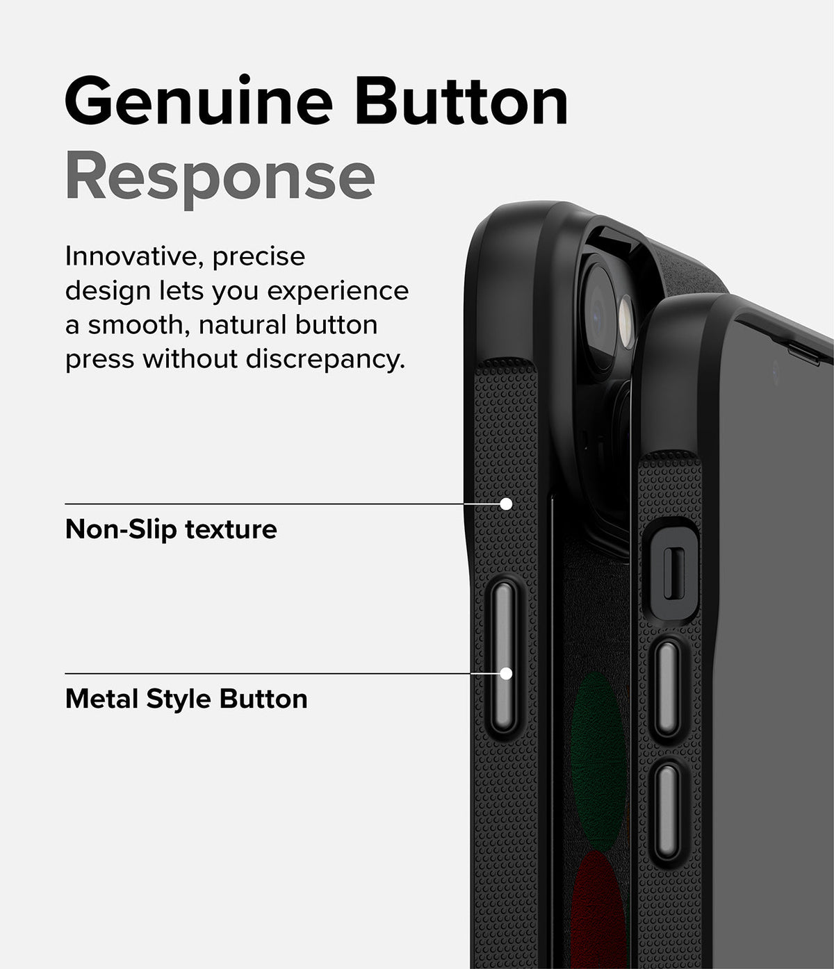 iPhone 14 Case | Onyx Design - Close-up of black phone case highlighting non-slip texture and metallic side buttons.