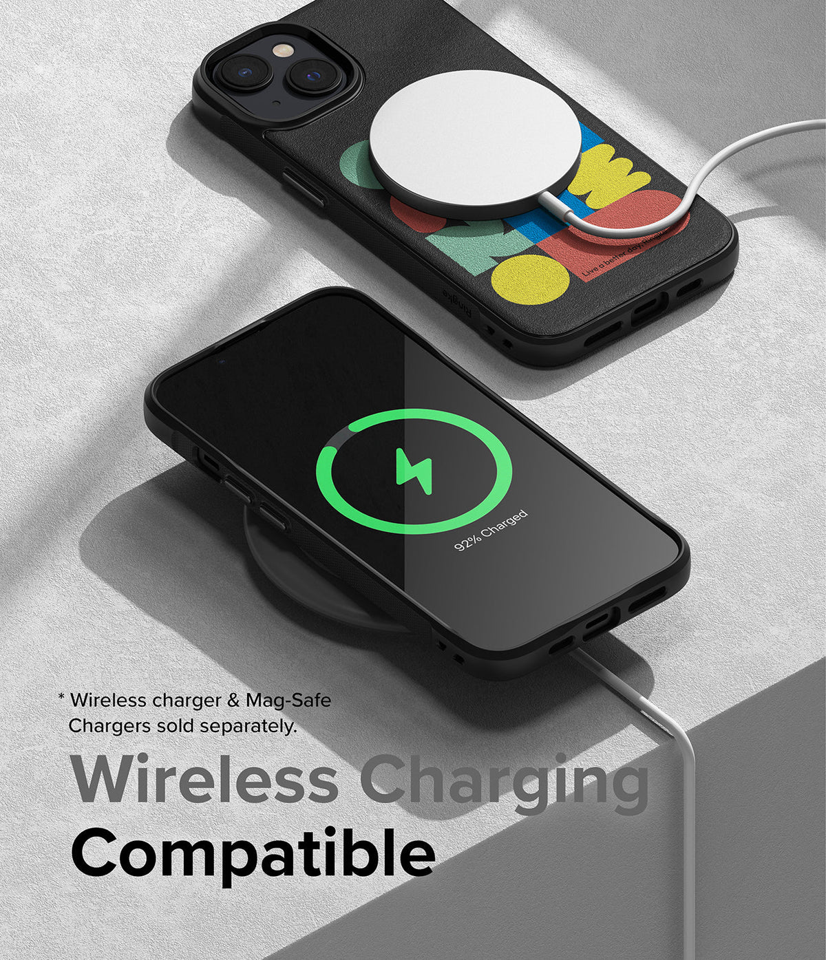 iPhone 14 Case | Onyx Design - Two iPhones in patterned cases charging wirelessly on a textured surface.
