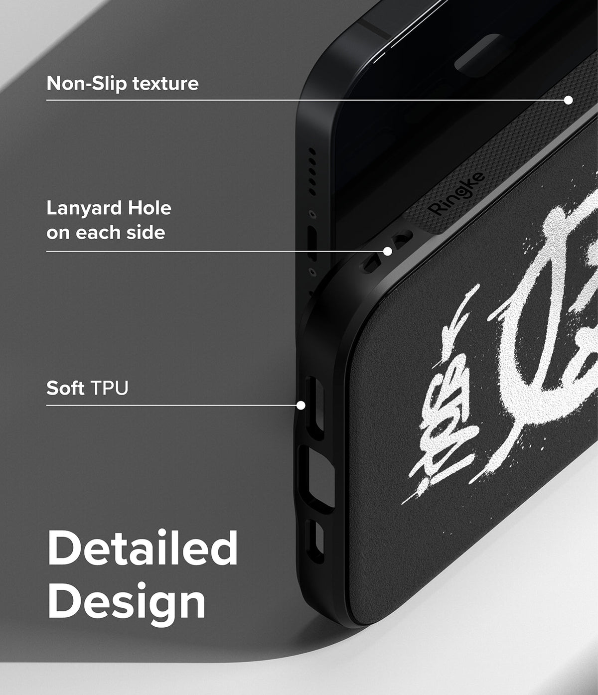 iPhone 14 Case | Onyx Design - Close-up of black phone case highlighting non-slip texture, lanyard holes, and soft TPU material.