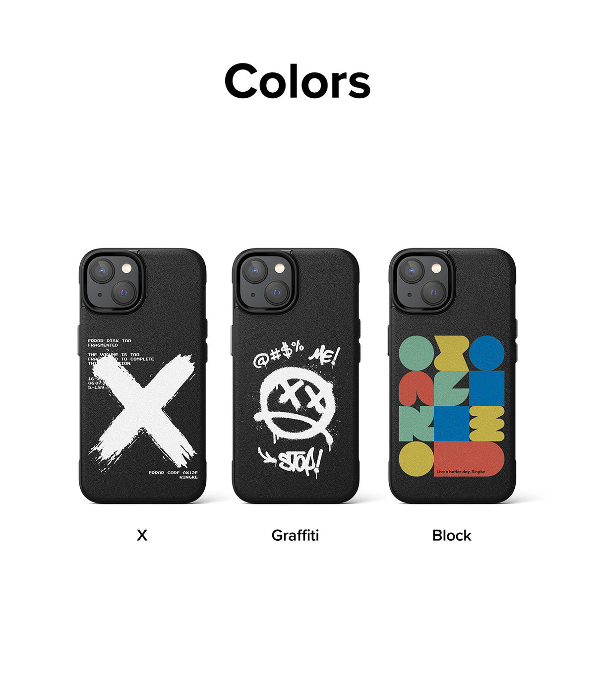 iPhone 14 Case | Onyx Design - Three black iPhone 14 cases featuring X, Graffiti, and Block graphic designs labeled below each.