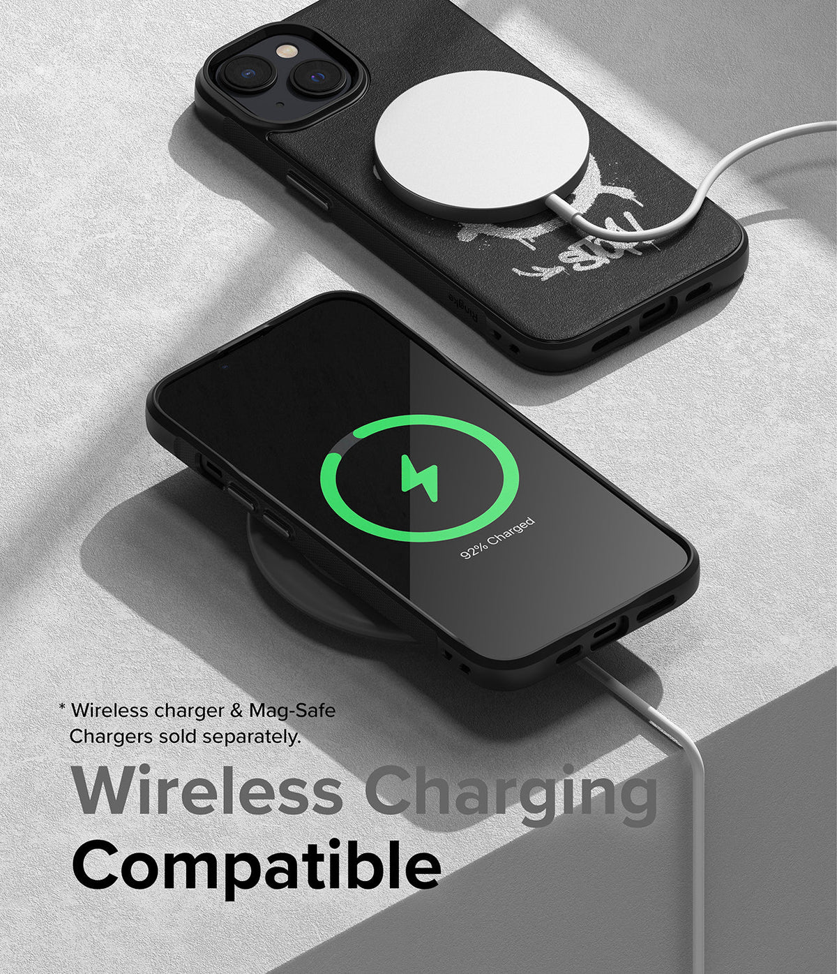 iPhone 14 Case | Onyx Design - Black iPhone 14 case with MagSafe charger and another phone wirelessly charging on a pad.