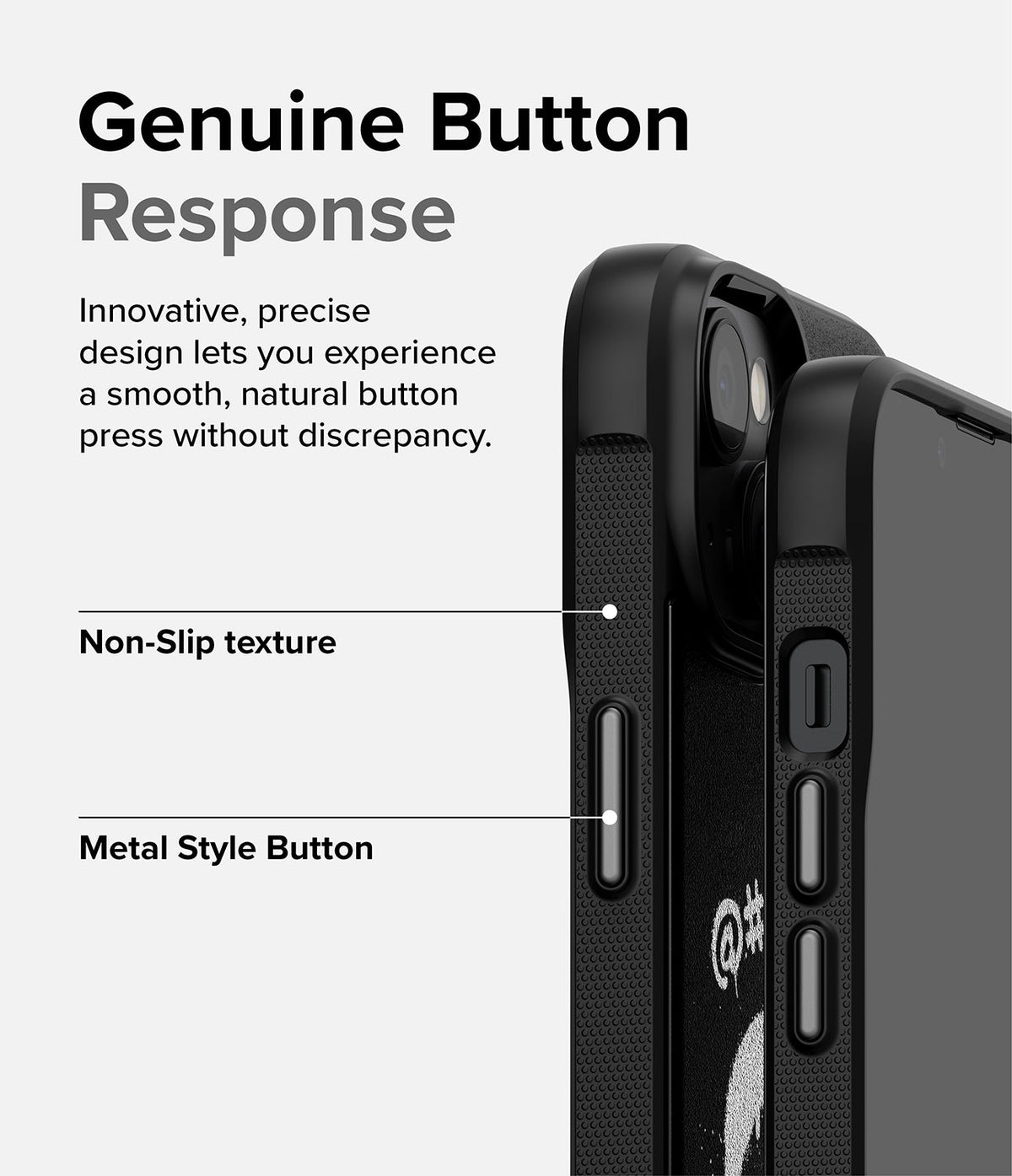 iPhone 14 Case | Onyx Design - Close-up of black phone case highlighting textured sides and metallic buttons with callout labels.