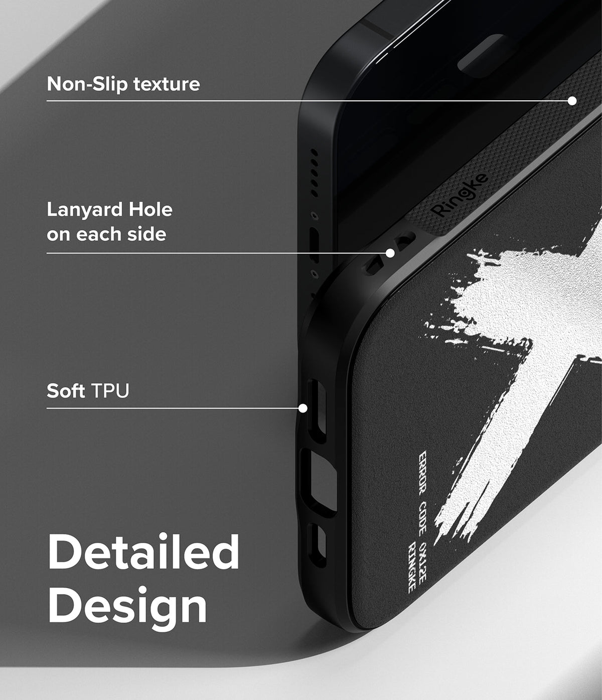 iPhone 14 Case | Onyx Design - Close-up of black phone case highlighting non-slip texture, lanyard holes, and soft TPU material.