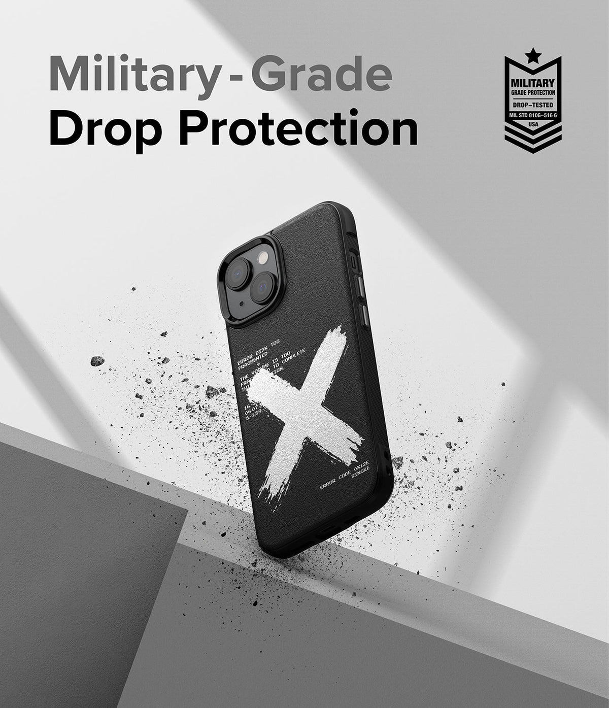 iPhone 14 Case | Onyx Design - Black phone case with white X graphic and text, featuring military-grade drop protection.