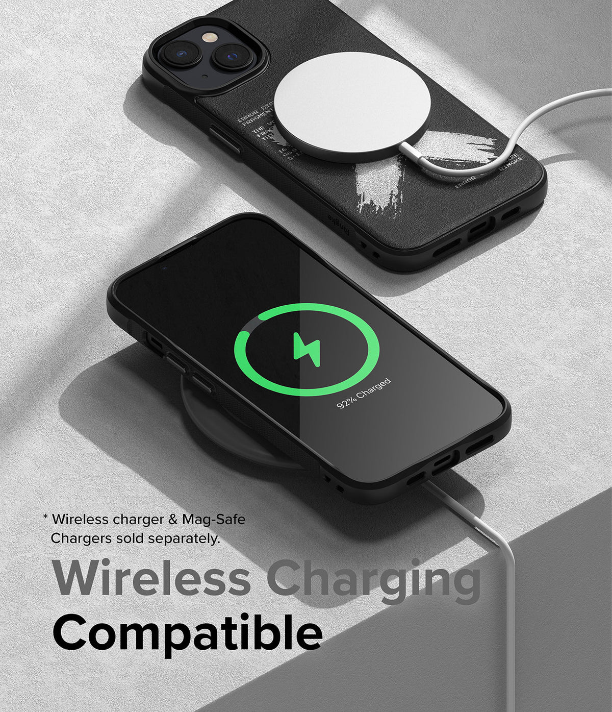 iPhone 14 Case | Onyx Design - Black iPhone 14 with Onyx design charging wirelessly with MagSafe and a charging pad.