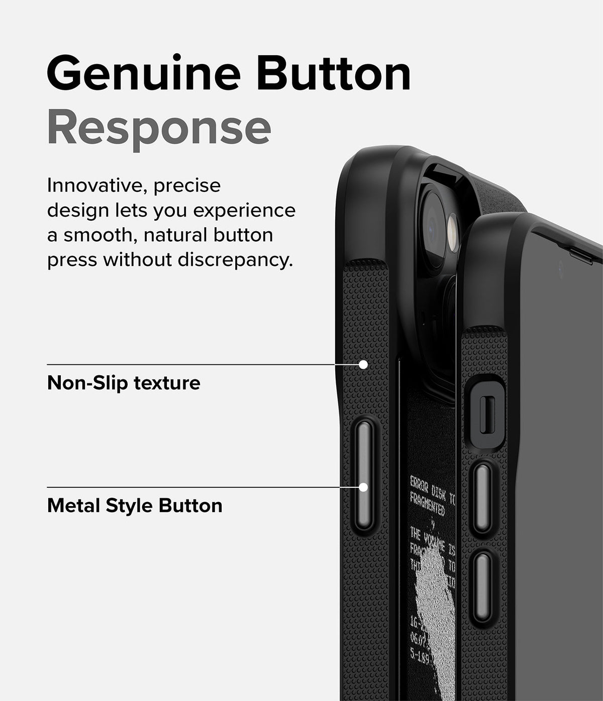 iPhone 14 Case | Onyx Design - Close-up of phone case showing non-slip texture and metallic buttons with descriptive text.