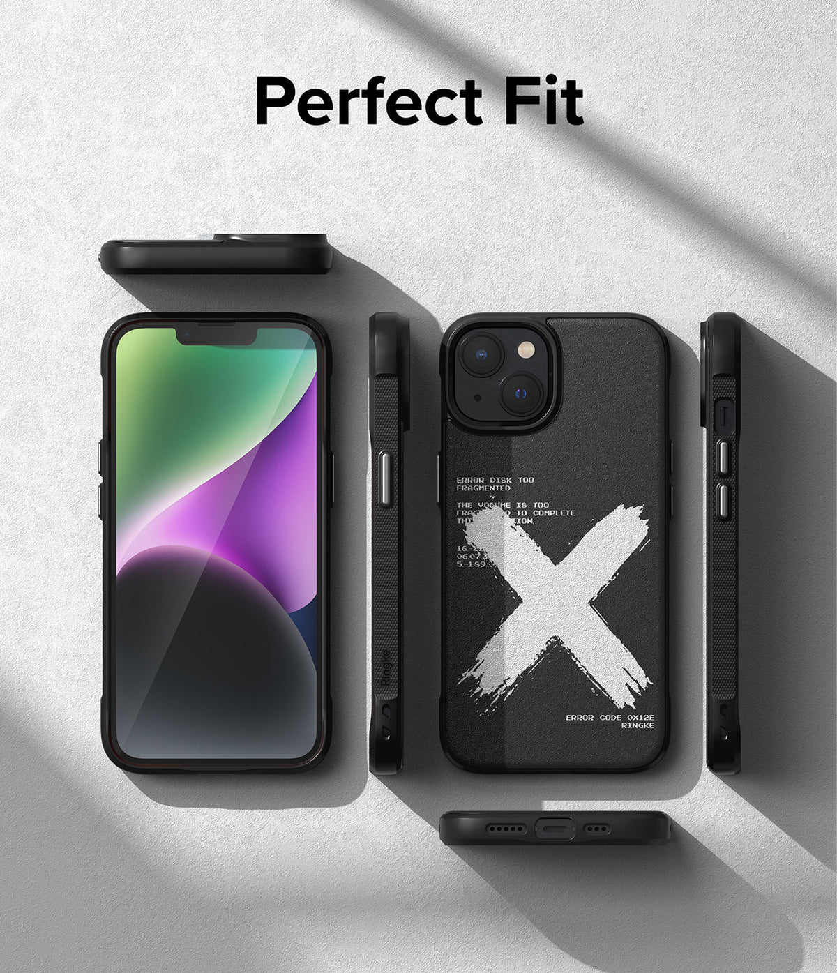 iPhone 14 Case | Onyx Design - Black phone case with white X graphic and text, shown from front, back, and side angles.