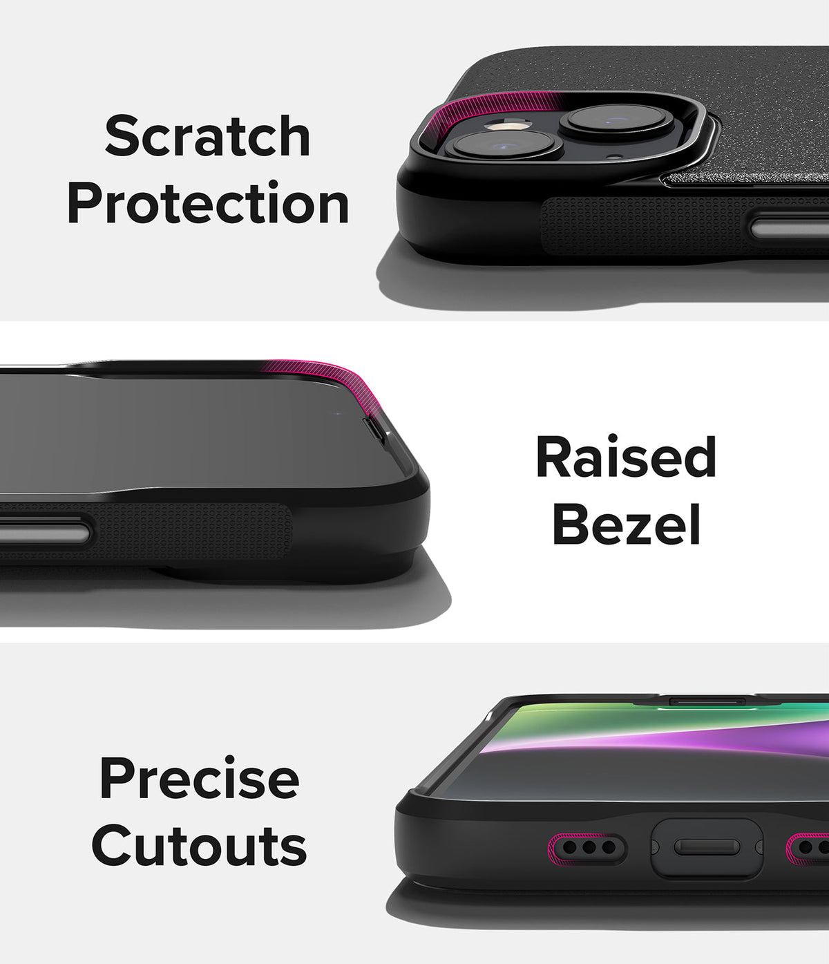 iPhone 14 Case | Onyx Design - Close-ups of an iPhone 14 case highlighting scratch protection, raised bezels, and precise cutouts.