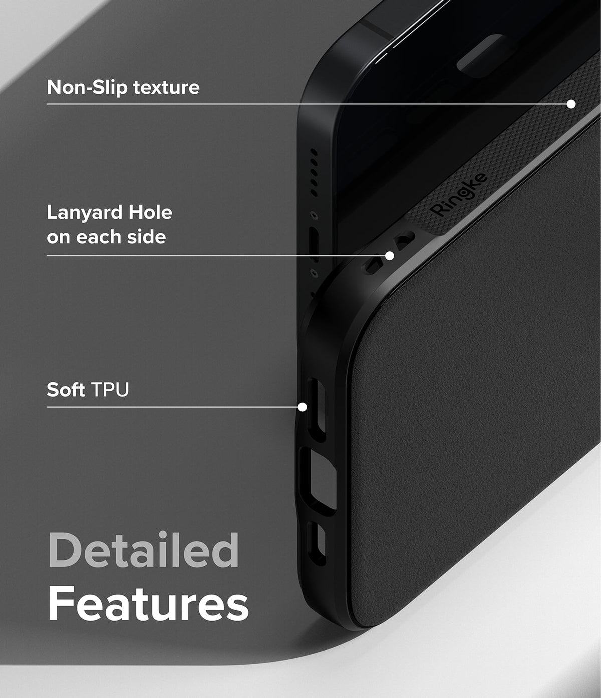 iPhone 14 Case | Onyx - Close-up of black phone case highlighting non-slip texture, lanyard holes, and soft TPU material.