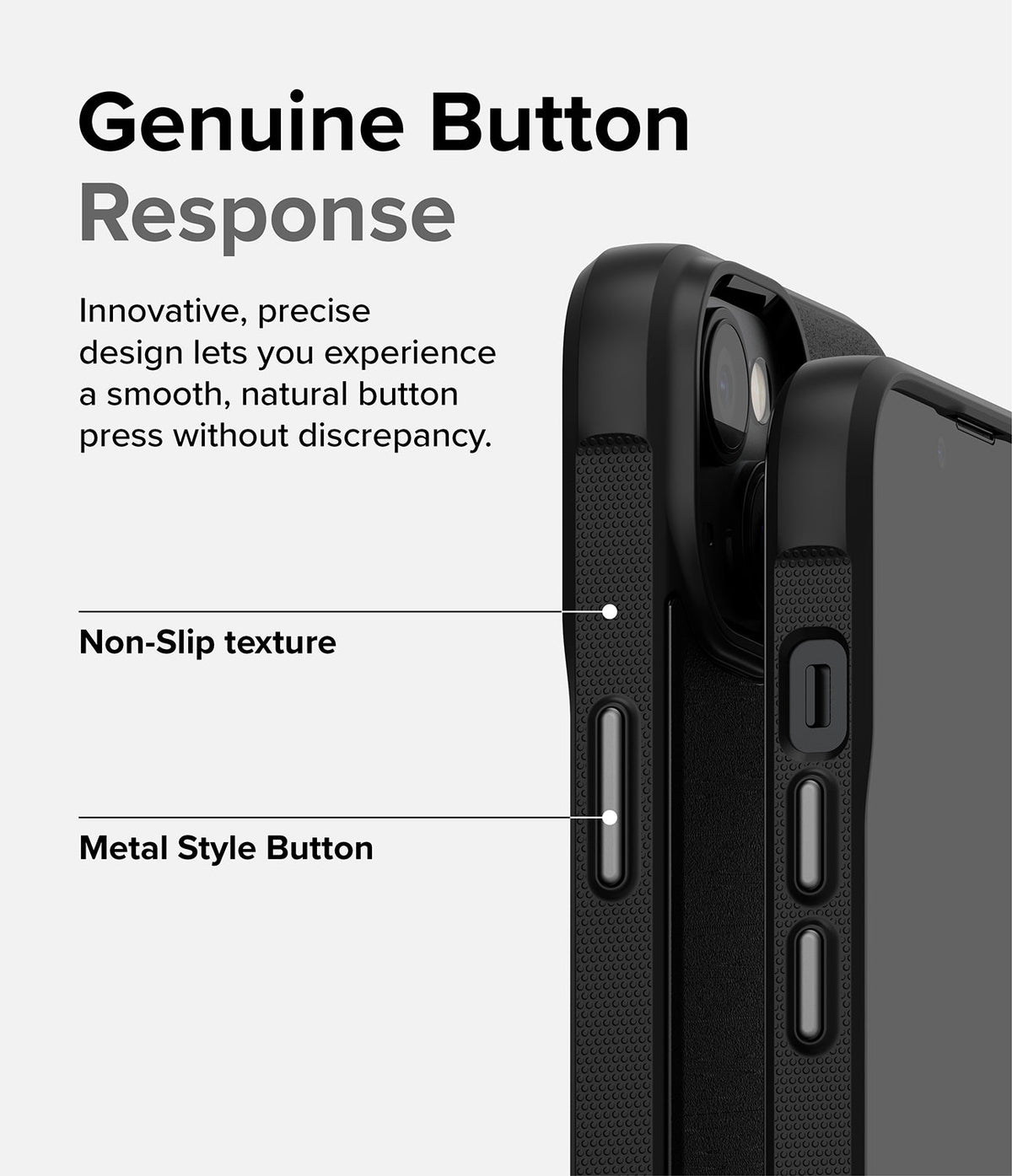 iPhone 14 Case | Onyx - Close-up of black phone case highlighting non-slip texture and metallic buttons with descriptive text.